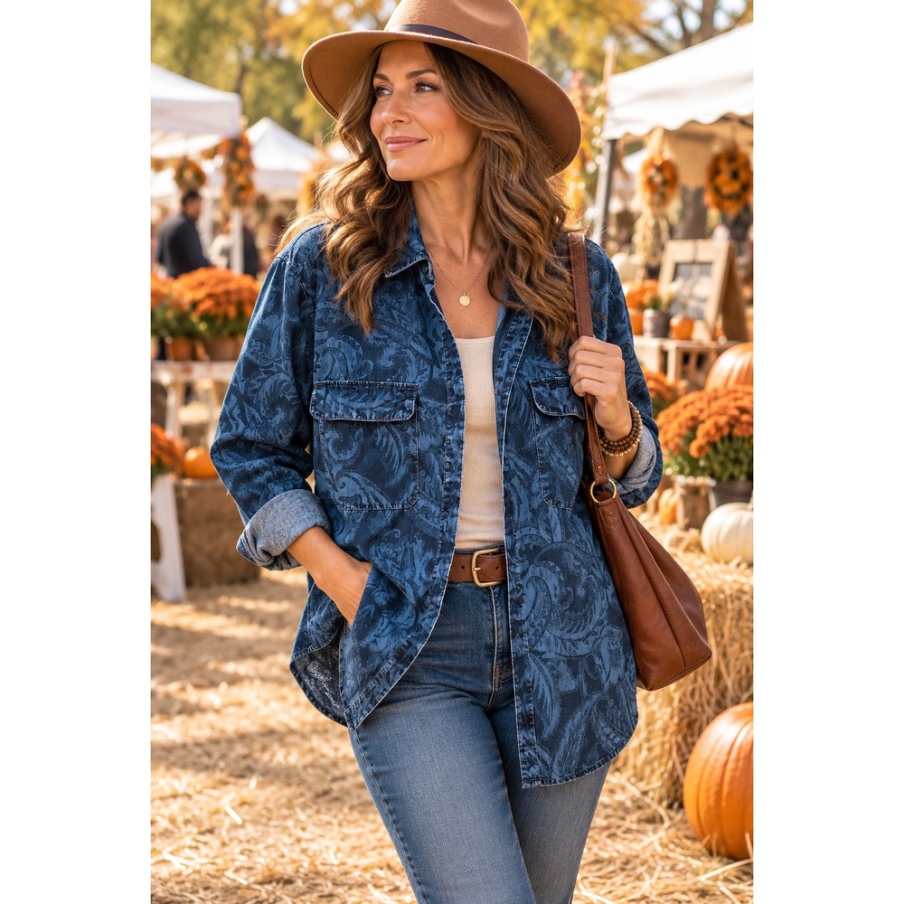 Chico's Blue Paisley Denim Button Down Shirt Jacket Size 3 XL Large Pockets
